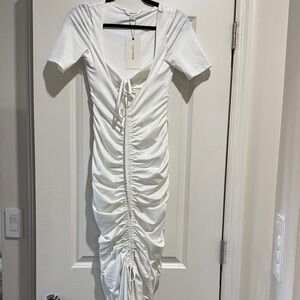 Chic White Ruched Midi Dress